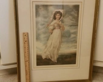 antique framed litho art print " Pinkie " signed lawrence -lithograph vintage victorian - sarah barrett moulton - girl picture photo