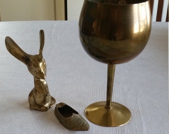 vintage 3 piece brass collection - mouse - shoe slipper ashtray - chalice cup goblet - india etched footed pedestal mice minature figurines