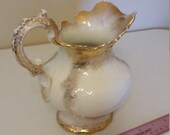 vintage homer laughlin 1900 era large pitcher 2218 - gold gild ironstone handle scalloped edges - vase juice water victorian ornate decor