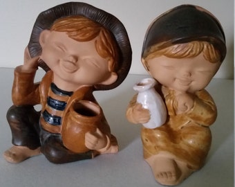 vintage - large japanese boy girl figures - uctci ceramic pottery figurines 1960 era - baskets & hats playing - hand painted danish modern
