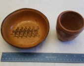 2 mexico art bowl cup 1950 39 s - santa ana army soldiers marching - primitive mexican terra cotta type - red ware clay pottery vintage