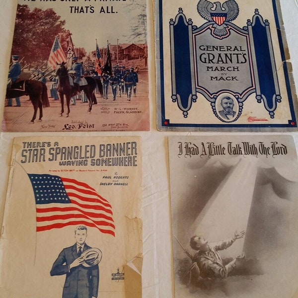 4 antique military sheet music booklets 1902 to 1944 - musical songs militaria pamphets books - piano army general grant world war lyrics a4