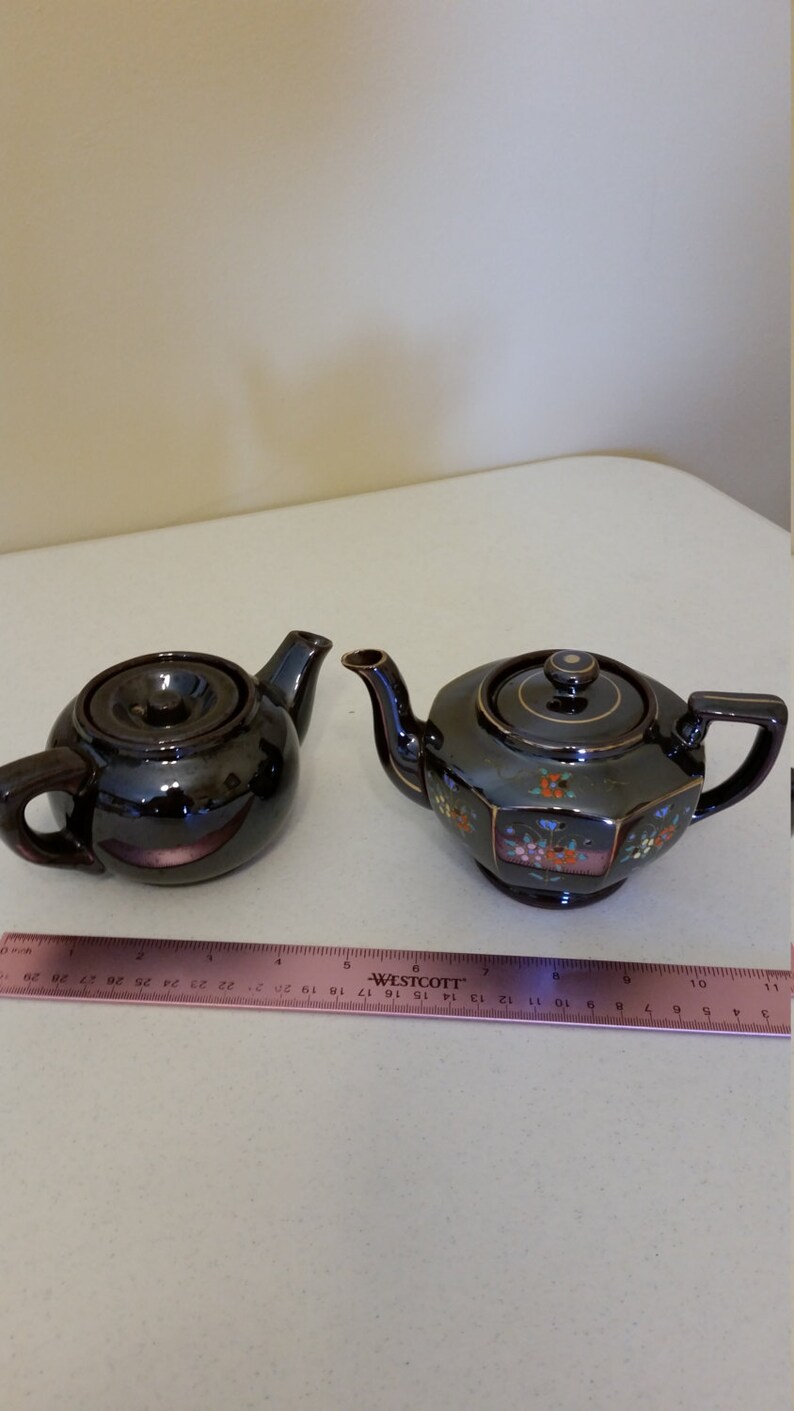 2 Vintage Japan Brown Teapots Antique Porcelain Floral Hand Etsy
