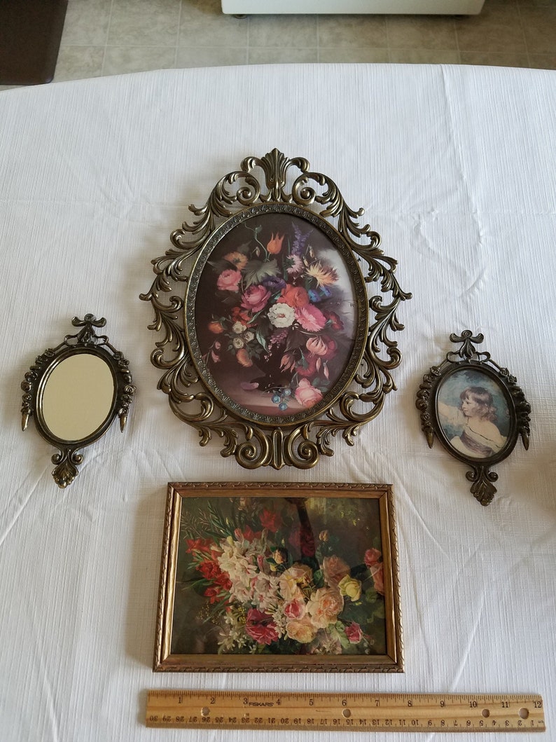 3 antique oval floral prints and mirror made in italy metal frames /& 1940 s flower print picture italian art lithograph wall hanging