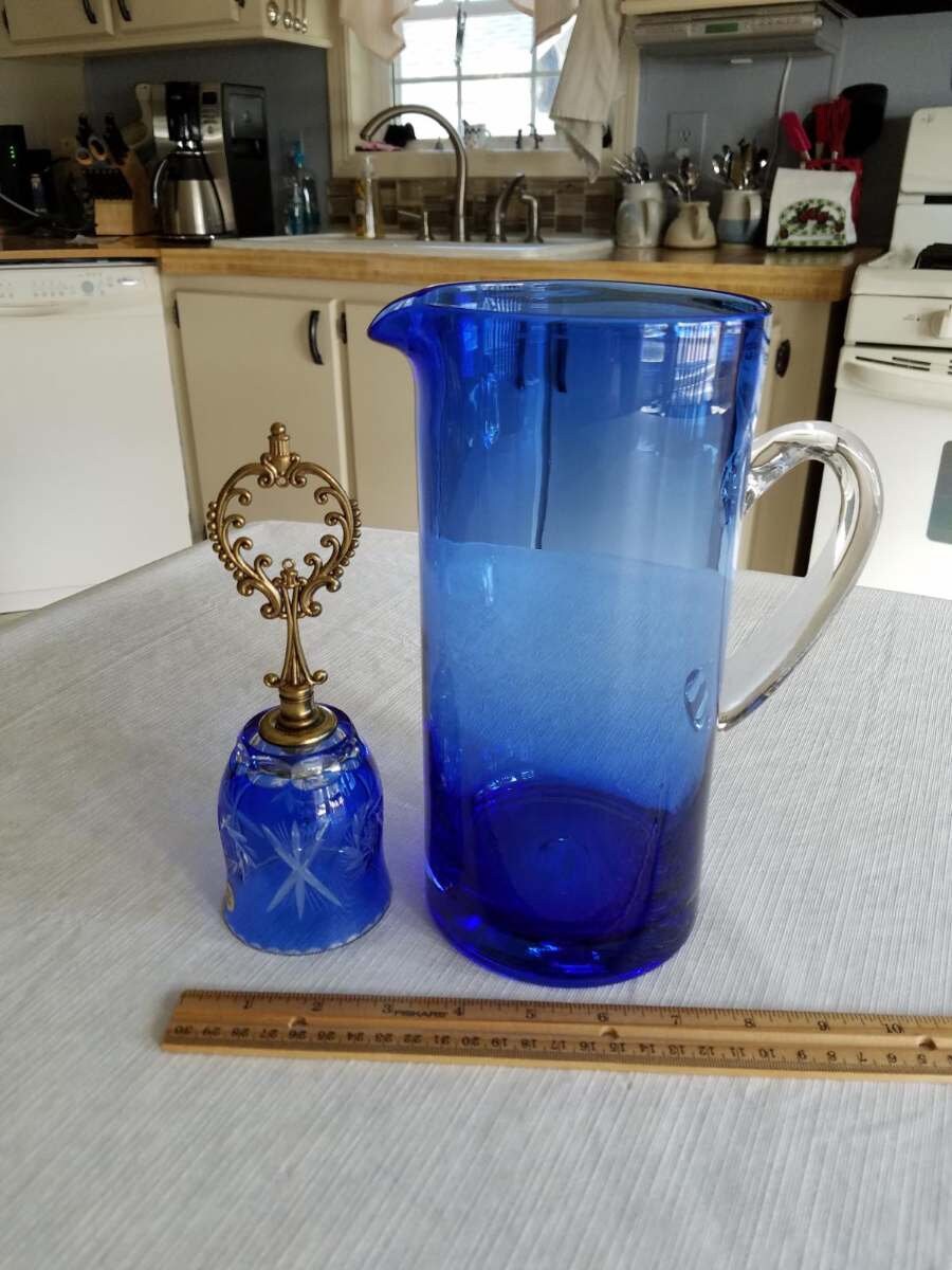 Cobalt blue water pitcher cut crystal bell w brass handle etsy