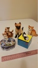 5 piece vintage cat kitten collection 1950 to 1992 - porcelain ceramic & wood - siamese bobble head  ardleigh elliot music box tiger japan 