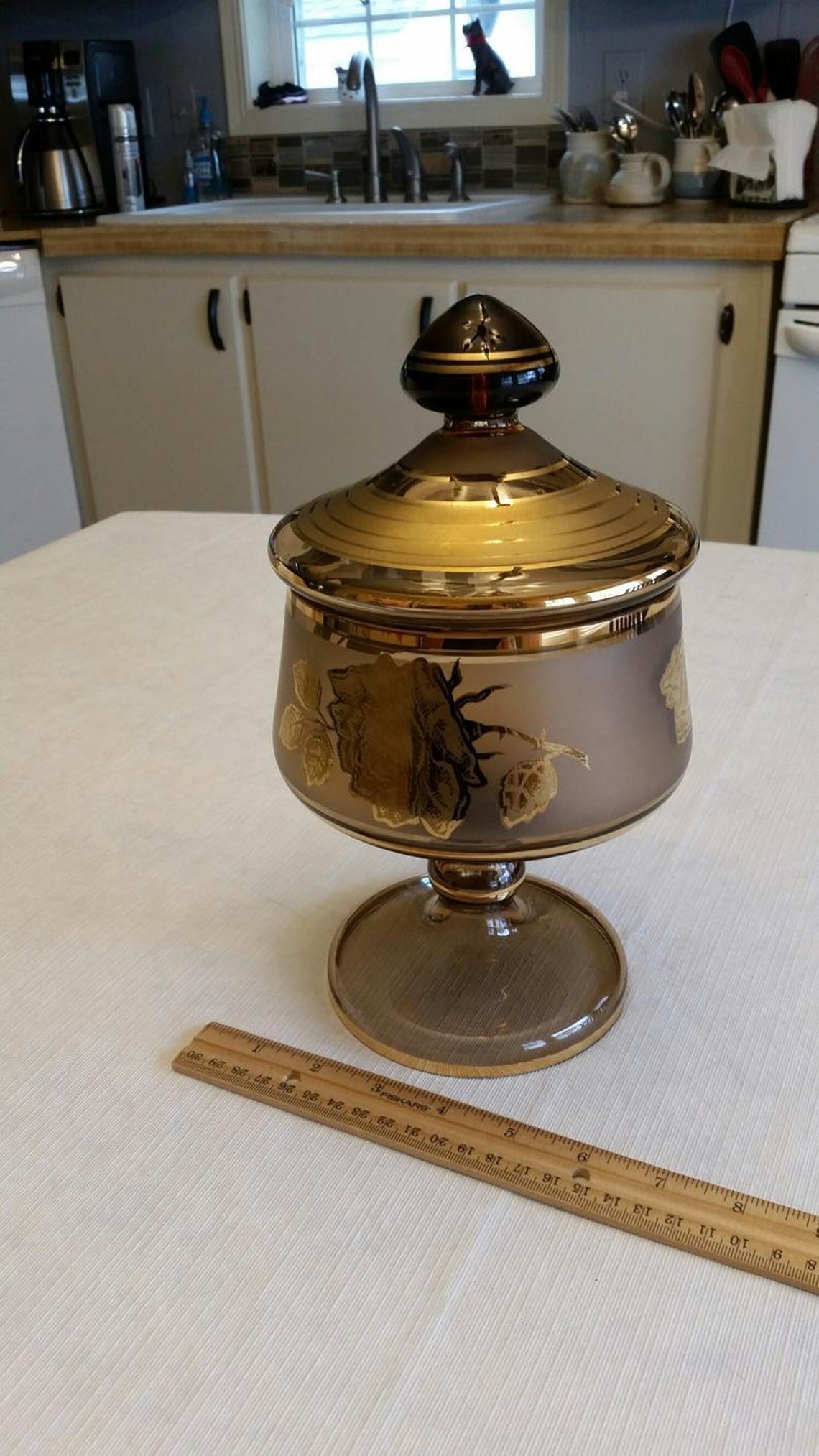 Vintage pedestal compote bowl with lid smoked glass gold Etsy