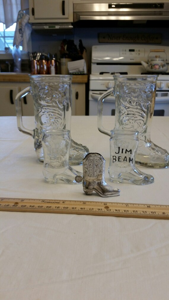 5 cowboy boot glasses & shot glass set w/ metal silver color Etsy