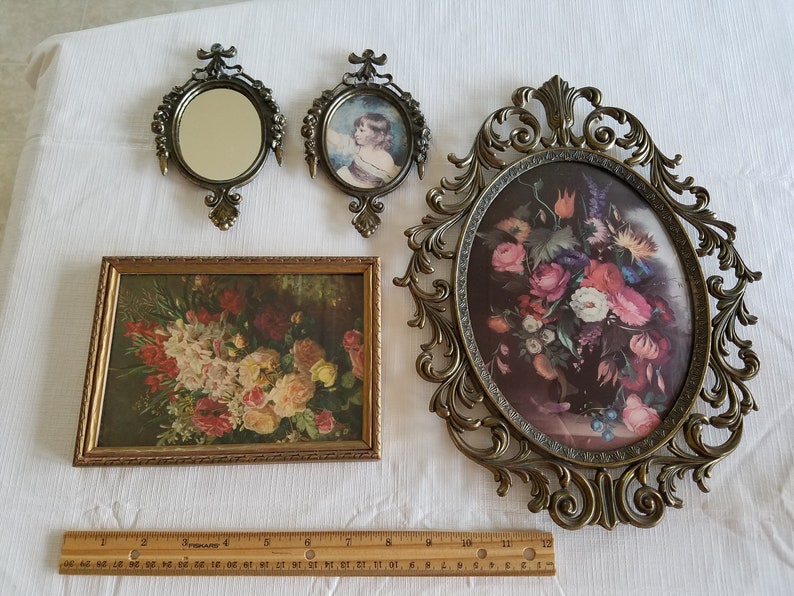 3 antique oval floral prints and mirror made in italy metal frames /& 1940 s flower print picture italian art lithograph wall hanging