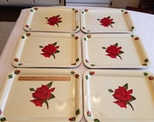 6 antique tv trays red roses toleware tin serving 1950 s - floral decor mid century - plant holders food flowers art deco metalware vintage