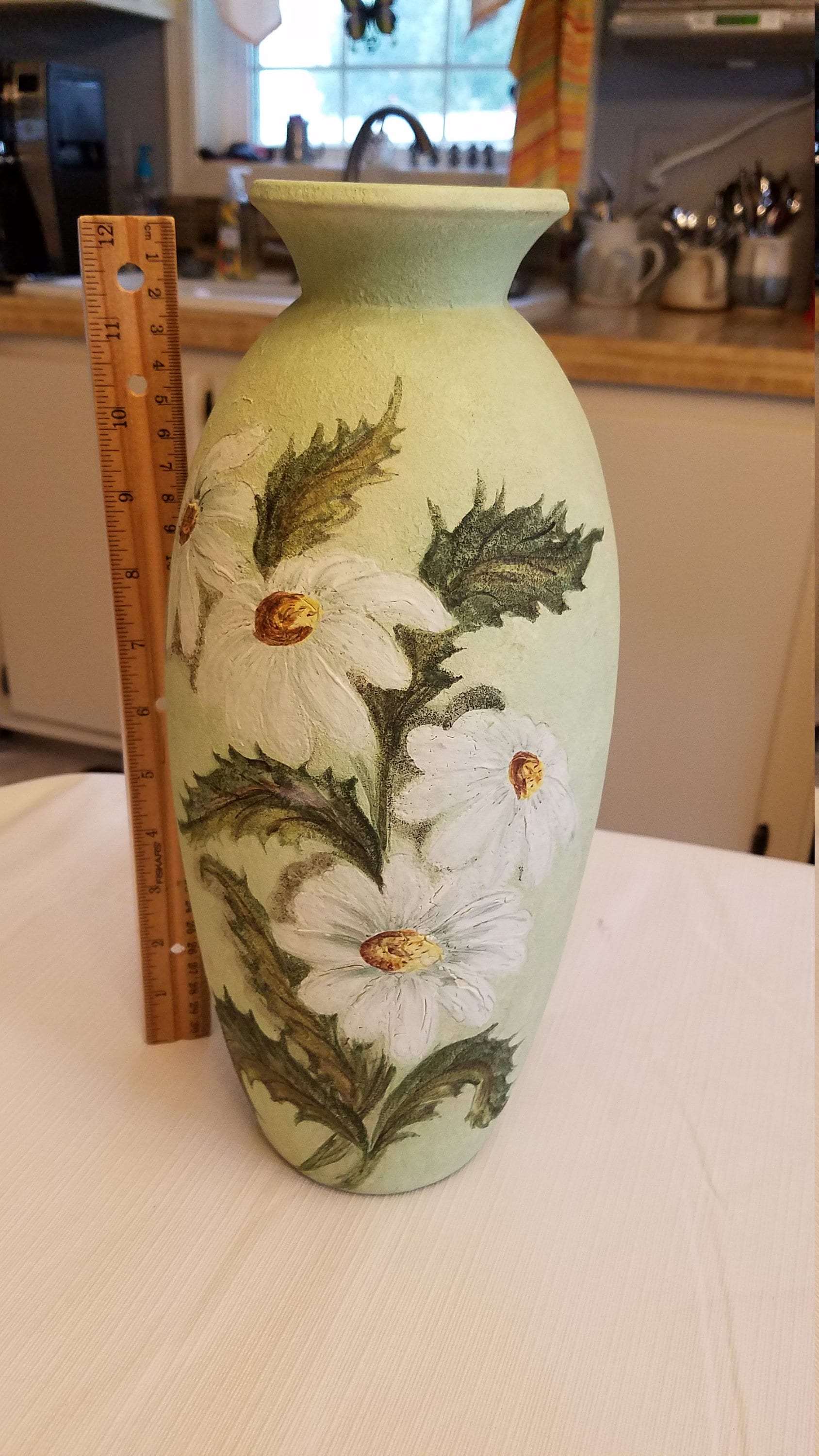 victorian country shabby chic art deco home decor signed 12 ceramic handpainted green floral vase hand painted flowers thistle type