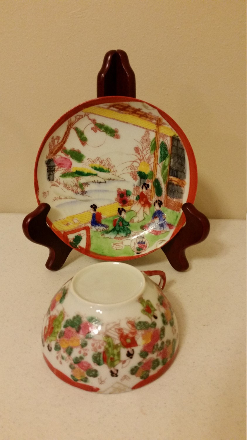Antique Japanese Bone China Tea Cup & Saucer Set Geisha Girls Etsy