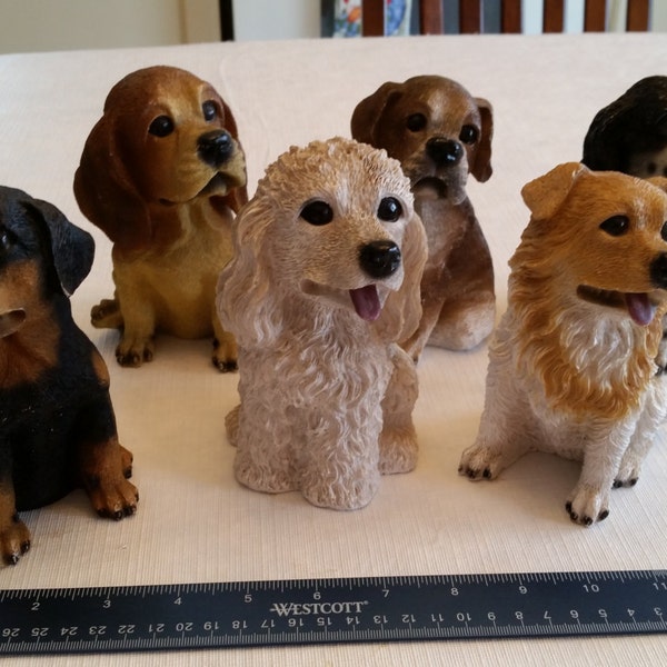6 dog statue figurines 5.5" size - vintage poly resin plaster type - spaniel collie beagle hound rottweiler lab retriever breeds - vet pound