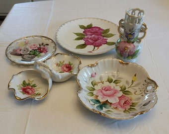 antique 5 piece pink roses fine china kitchen serving set - plates bowls vase condiments double dish centerpiece vintage art deco lattice