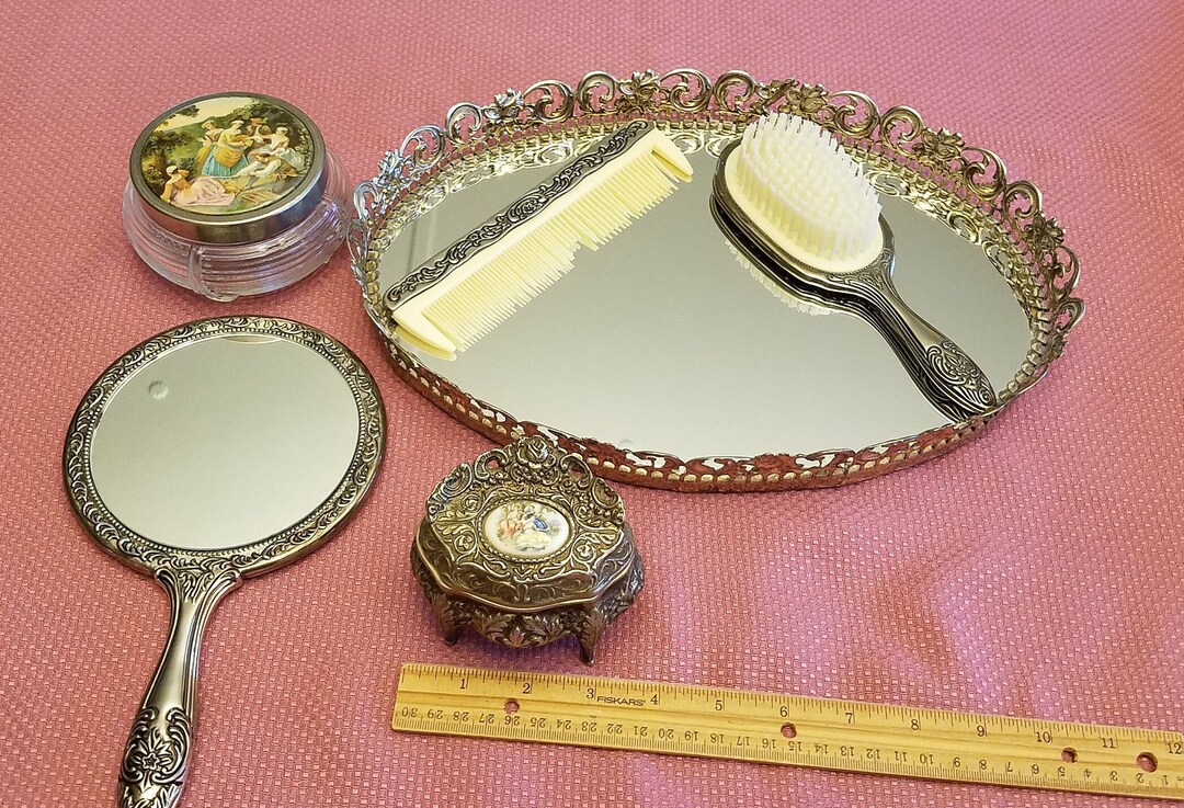 6 Antique Victorian Bathroom Decor Mirror Brush & Comb Set Vanity Tray