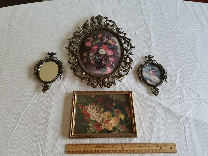 3 antique oval floral prints and mirror made in italy metal frames /& 1940 s flower print picture italian art lithograph wall hanging