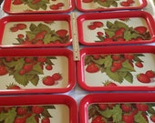 8 antique strawberry metal serving trays 1960s - red toleware tv platters 14 quot x8.5 quot - kitchen decor patio retro vintage art deco fruit berry