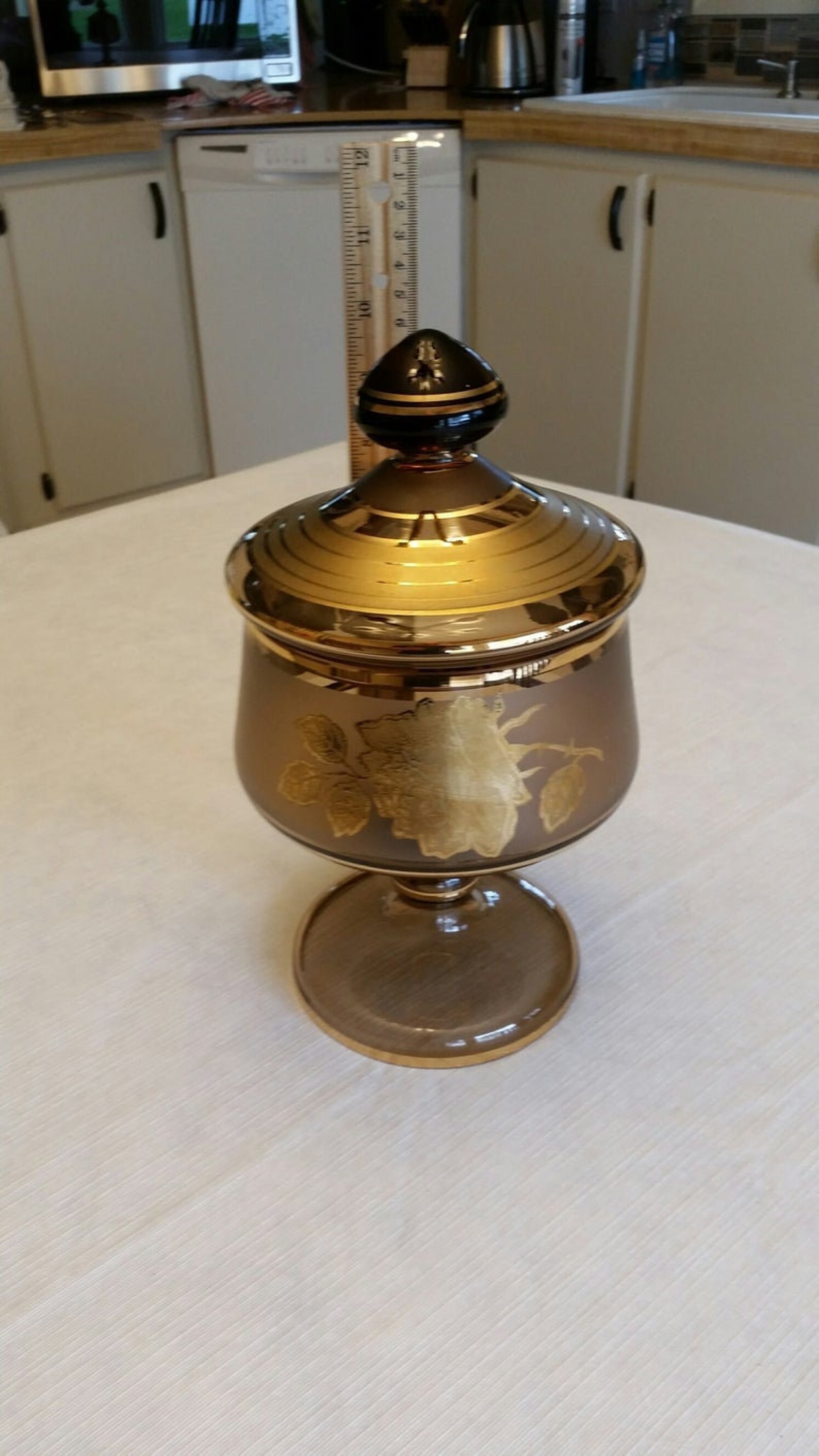 Vintage pedestal compote bowl with lid smoked glass gold Etsy