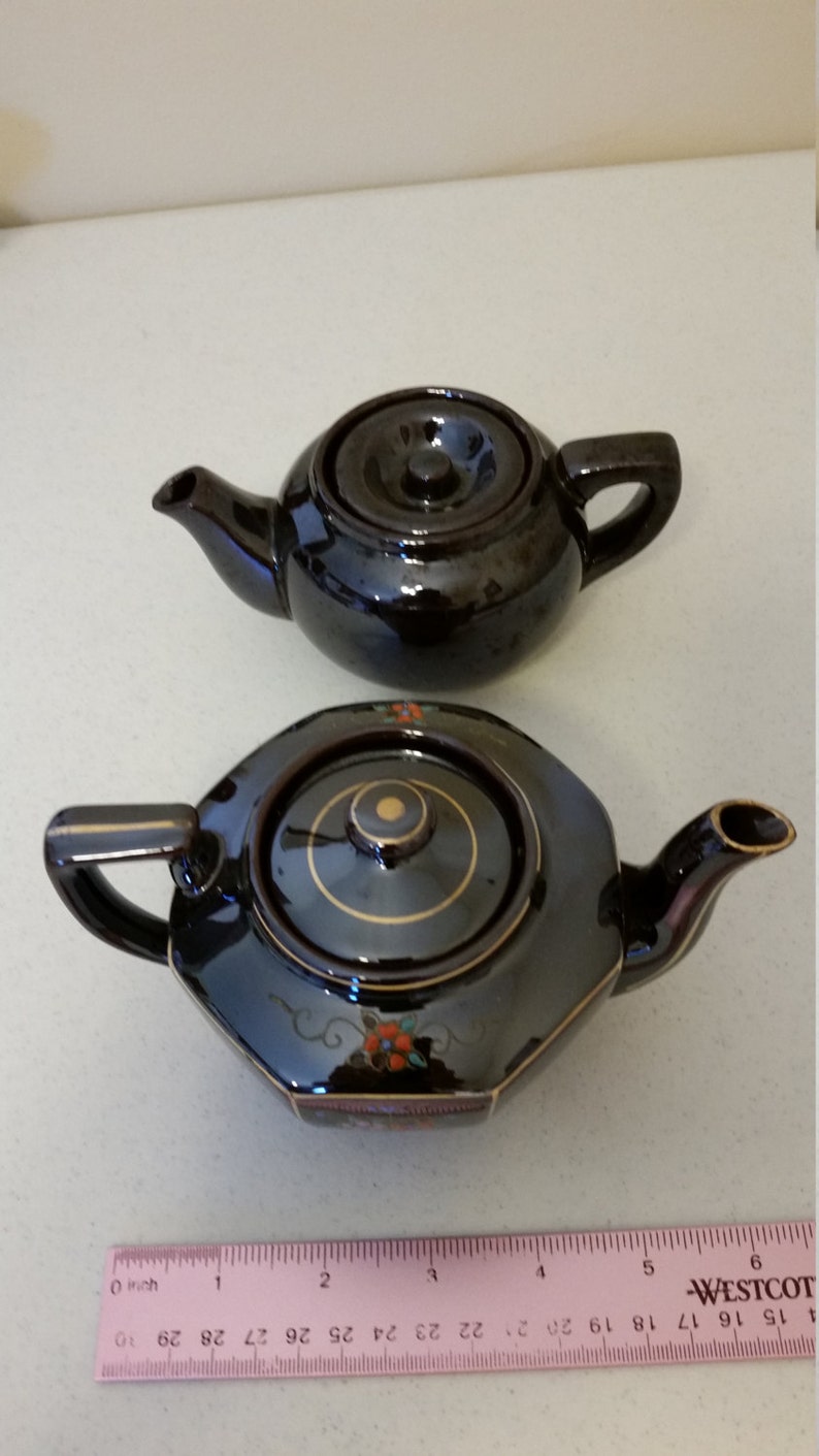 2 Vintage Japan Brown Teapots Antique Porcelain Floral Hand Etsy