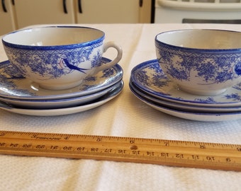 2 japanese bluebird teacup & saucer sets w/ 4 extra saucers - swallows porcelain tea cup art deco kitchen serving antique vintage blue white