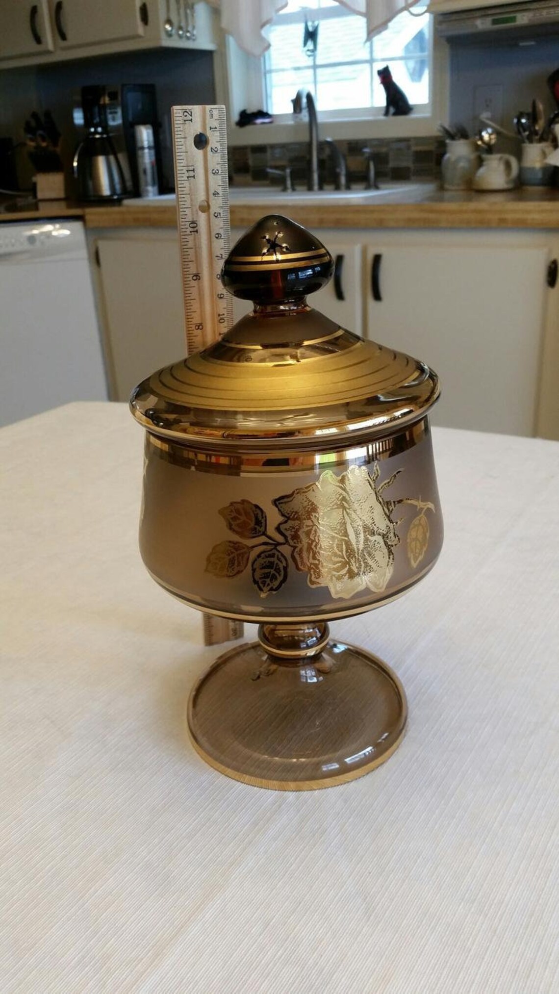 Vintage pedestal compote bowl with lid smoked glass gold Etsy