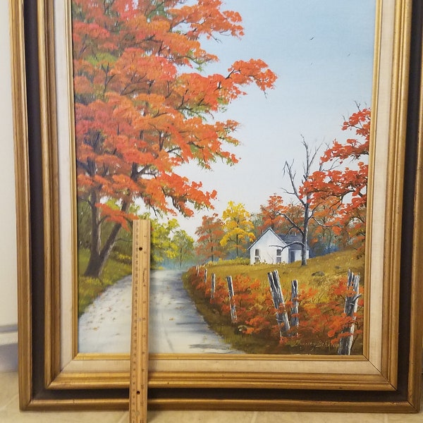 vintage fall colors oil on canvas painting 24"x30" signed D BEHRINGER 81 - wooden frame trees leaves country scene rustic primitive art deco