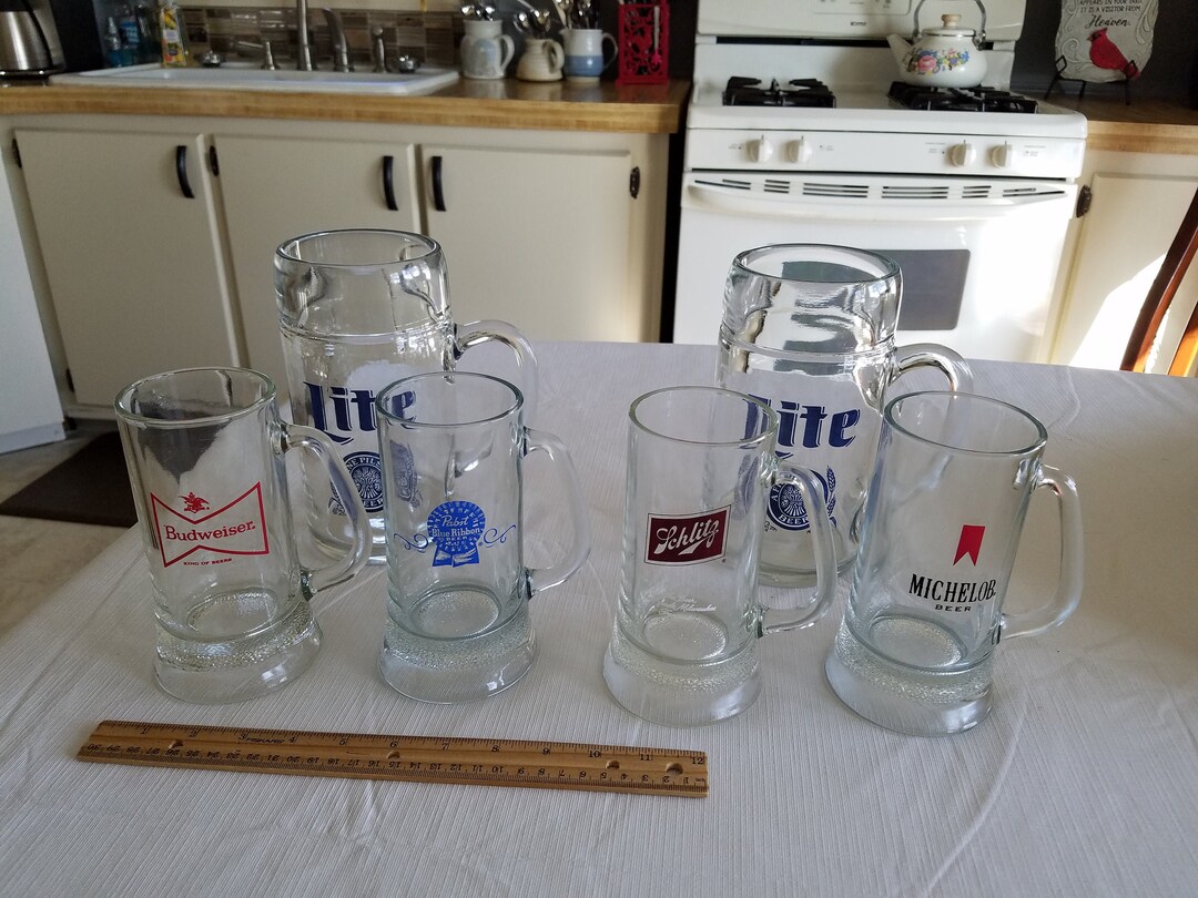 6 Vintage Glass Beer Mugs / Steins 36 Ounce Lite Pilsner Glassware