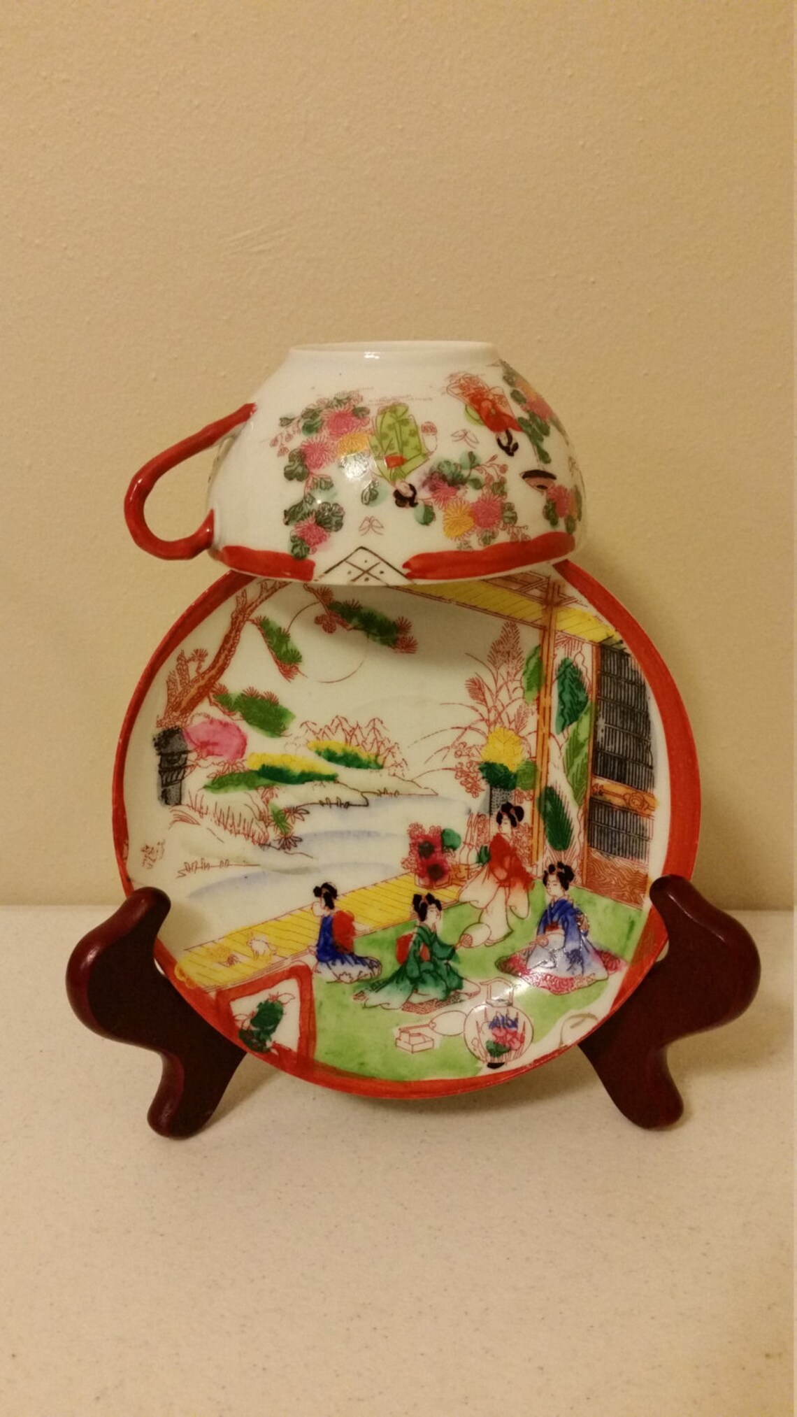 Antique Japanese Bone China Tea Cup & Saucer Set Geisha Girls Etsy