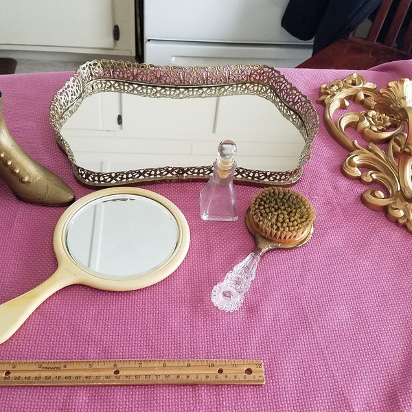 6 antique Victorian bathroom decor items - cosmetic tray - hand mirror - boot vase - hair brush - perfume bottle - wall sconce candle holder