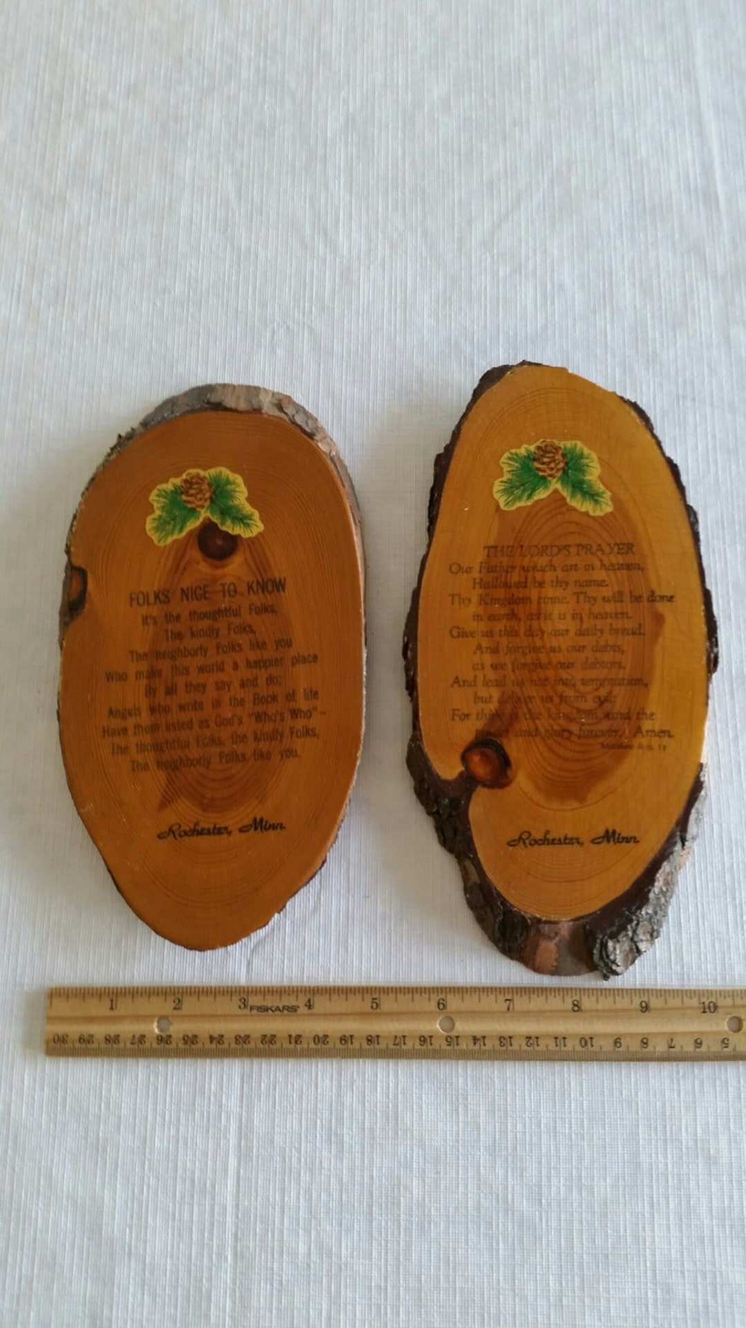 2 Antique Rochester Mn Decoupage Pine Tree Wall Plaques 1950 's Mayo