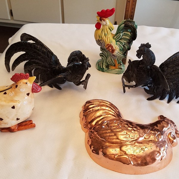 antique rooster & hen chicken collection - cast iron fighting rooster - coin bank - copper mold wall plaque - figurine statue kitchen decor