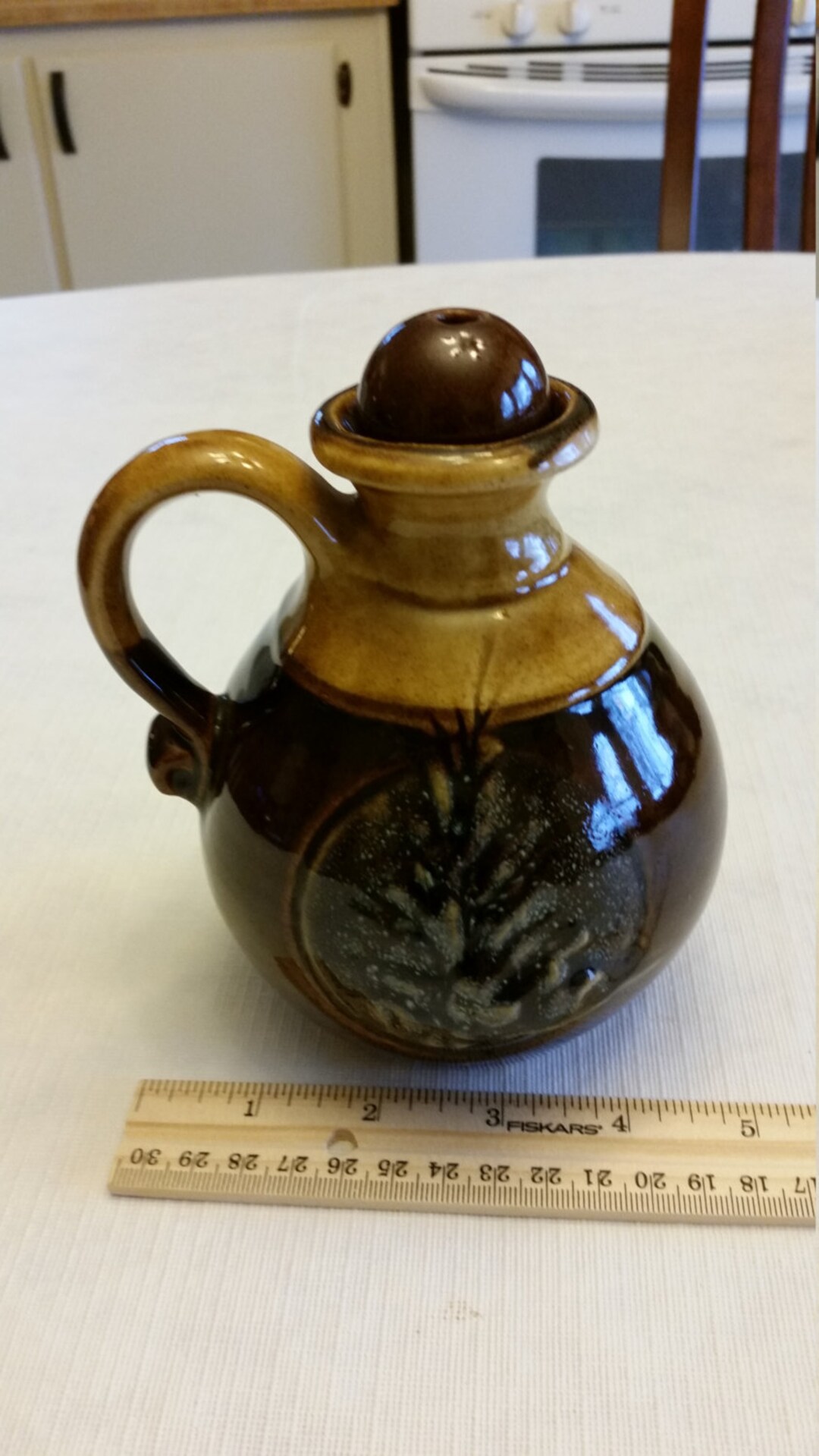 Vintage Two Tone Brown Glaze Stoneware Jug W/ Lid 1960 70's Derrech