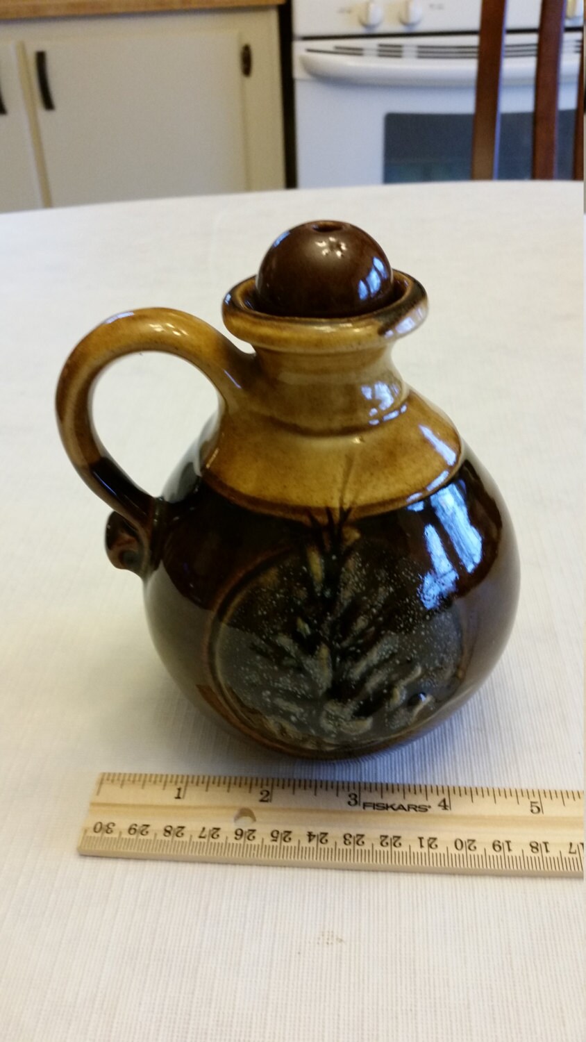 Vintage two tone brown glaze stoneware jug w/ lid 1960 Etsy