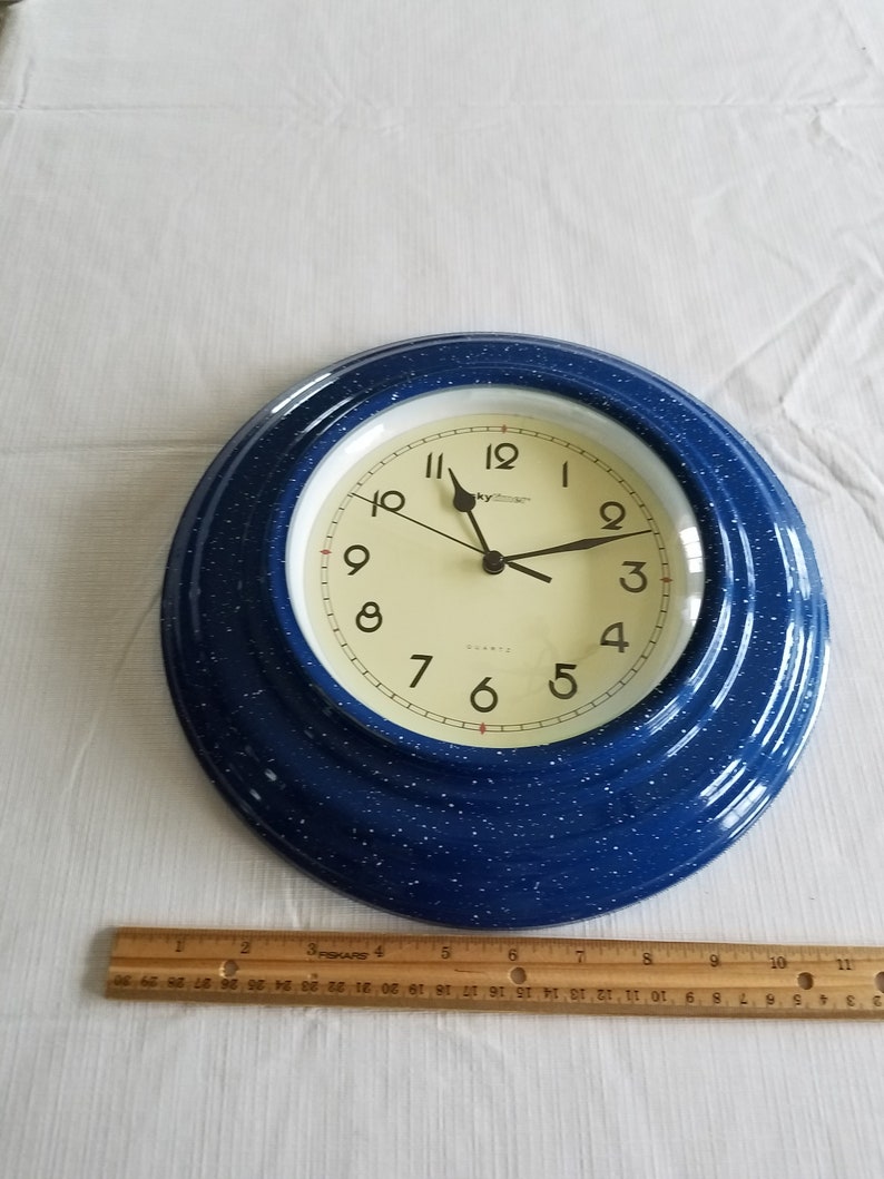 Skytimer metal enamelware wall clock blue & white 11.75 Etsy