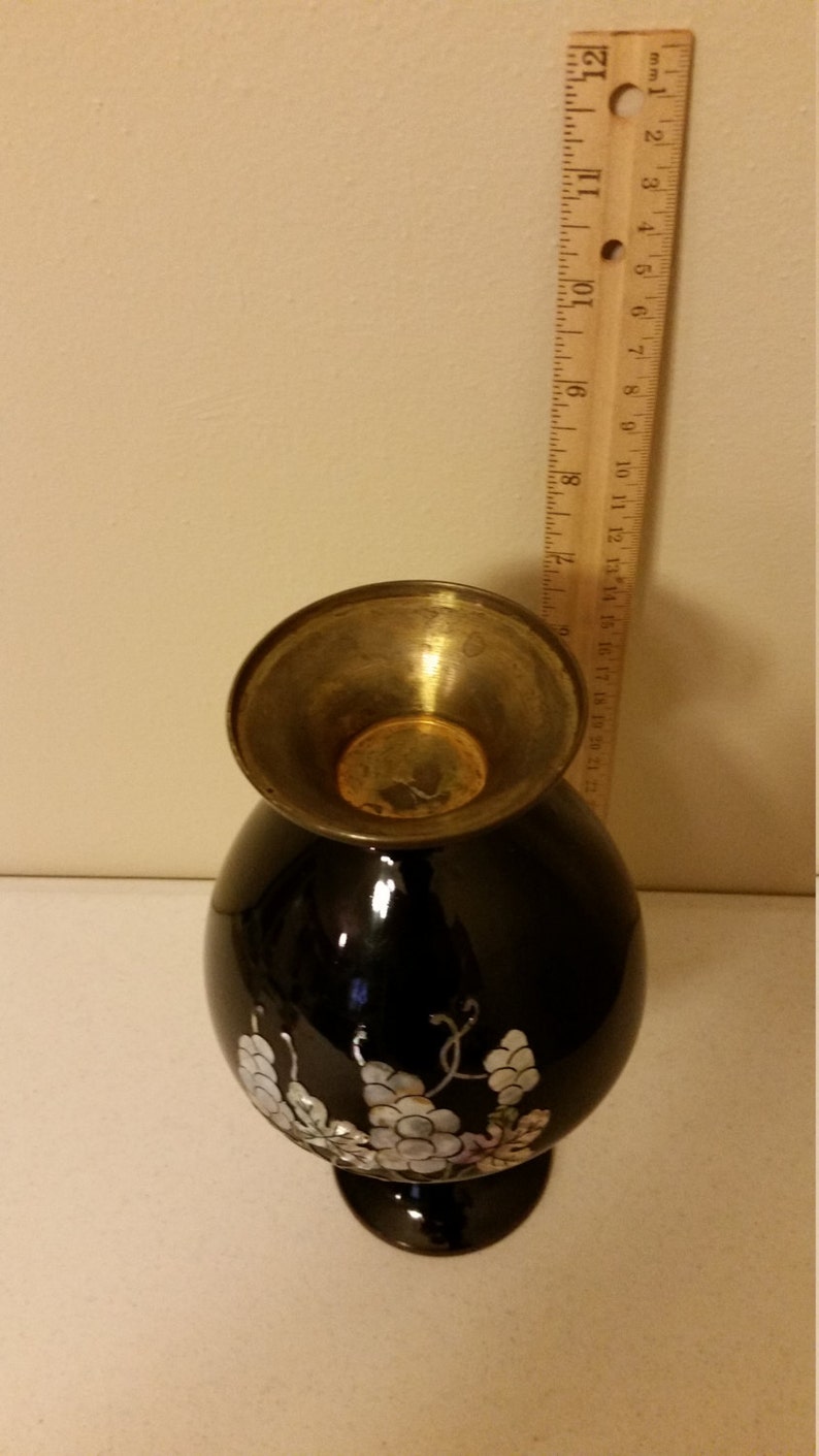Vintage Brass Vase Enamel Painted Black W/ Etched Engraved Etsy