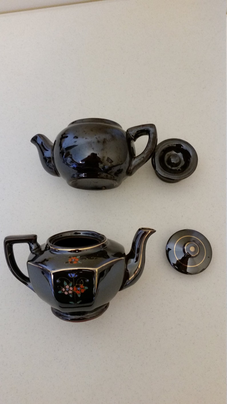 2 Vintage Japan Brown Teapots Antique Porcelain Floral Hand Etsy