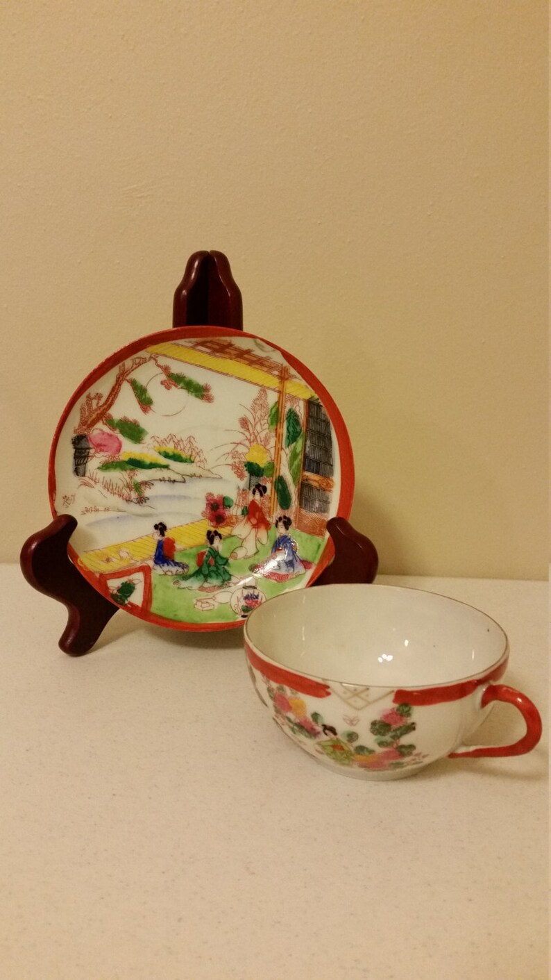 Antique Japanese Bone China Tea Cup & Saucer Set Geisha Girls Etsy
