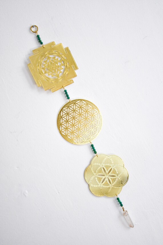 Tibetan Turquoise Mini Trinity Vibe Catcher, Sri Yantra Flower of Life Seed of Life Sacred Geometry Wall Art, Crystal Healing Feng Shui