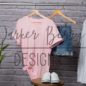 Bella Canvas 3001  -Pink shirt mock up, hanging mock-up, Blank tee shirt, digital download, for your svg, png, jpeg designs.