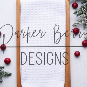 Waffle Weave Kitchen Towel Mockup, Tea towel, on Christmas Branches Berries Blank Stylized Mock up for your svg, png, kitchen designs.