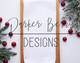 Waffle Weave Kitchen Towel Mockup, Tea towel, on Christmas Branches Berries Blank Stylized Mock up for your svg, png, kitchen designs.