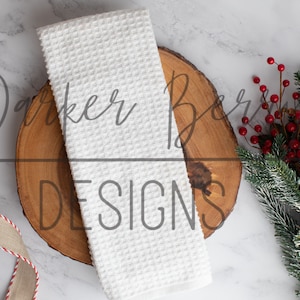 Waffle Weave Kitchen Towel Blank Mockup, Tea Towel, Christmas Towel with ribbon and Greenery  blank template, for svg, jpg, png for designs