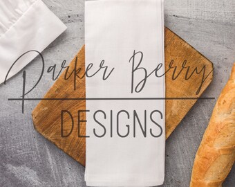 Photo of Flour Sac Linen Towel of Baker hat and bread, Blank template  Mock up, Kitchen, Digital Download, Flat lay, Stylized Mock up