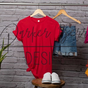Bella Canvas 3001  -Red shirt mock up, hanging mock-up, Blank tee shirt, digital download, for your svg, png, jpeg designs.