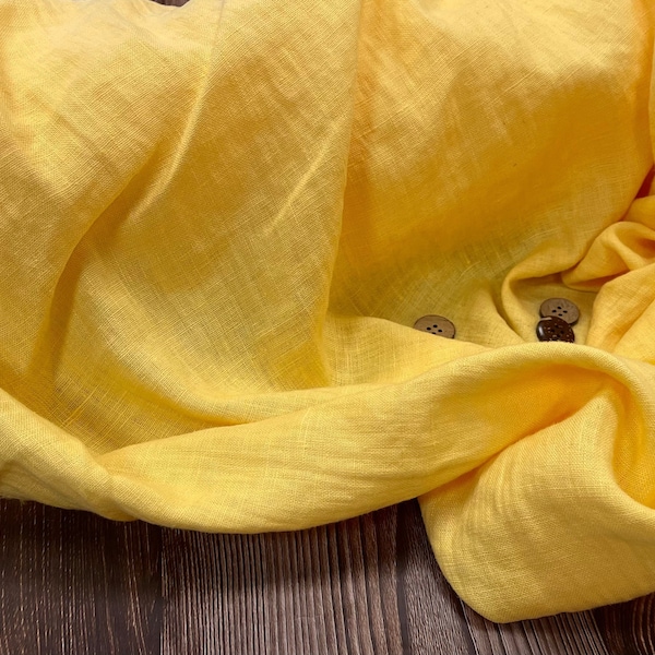 Linen Lemon Yellow, Washed softened linen fabric Fabric by the yard or meter Stone Washed linen