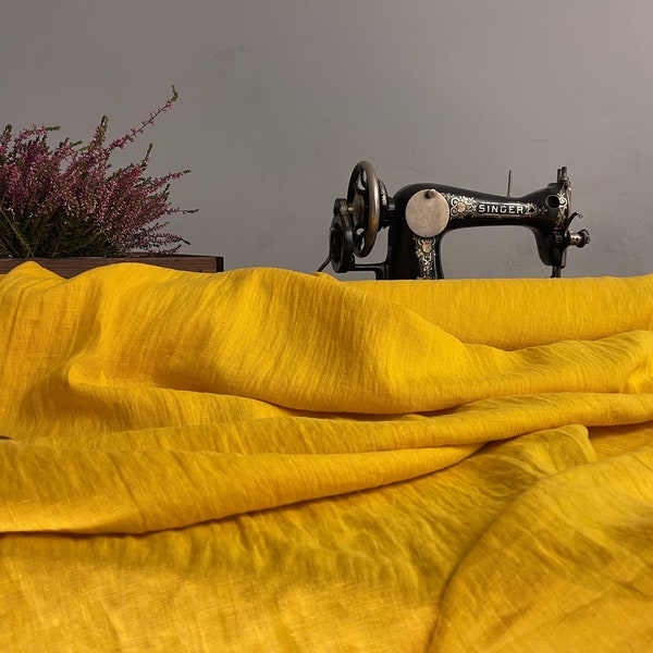 Warm Yellow fabric , Washed softened linen fabric Fabric by the yard or meter Stone Washed linen col. 3575