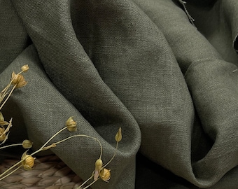 Khaki green Lightweight Linen fabric , linen fabric Fabric by the yard or meter col.3461