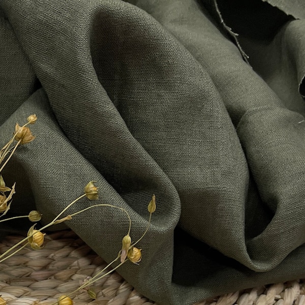 Linen fabric khaki green, Washed softened linen fabric Fabric by the yard or meter Stone Washed linen