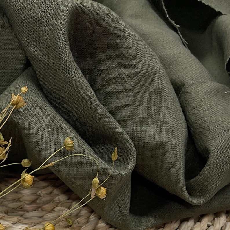Khaki green Lightweight Linen fabric , linen fabric Fabric by the yard or meter col.3461 image 1