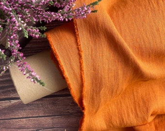 Linen fabric orange, Washed softened linen fabric Fabric by the yard or meter Stone Washed linen col.2713